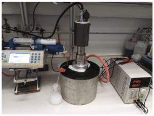 Fig. 2. (a) Schematic representation of the experimental setup. (b) Picture of the setup, which shows the ultrasonic reactor with illuminating box in the middle and syringe pump on the left. 